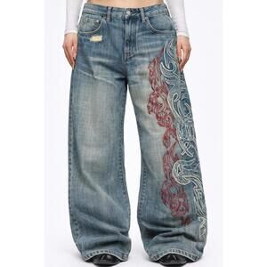 Blue Embroidered Baggy Jeans